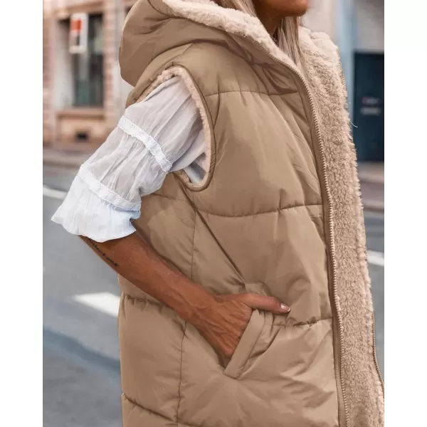 BTFBM Fall Long Puffer Vest Women Sleeveless Hooded Reversible Fleece Sherpa Jacket Zip Up Winter Coat Outerwear VestsSolid Light Camel