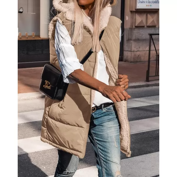 BTFBM Fall Long Puffer Vest Women Sleeveless Hooded Reversible Fleece Sherpa Jacket Zip Up Winter Coat Outerwear VestsSolid Light Camel