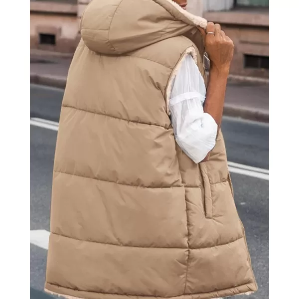 BTFBM Fall Long Puffer Vest Women Sleeveless Hooded Reversible Fleece Sherpa Jacket Zip Up Winter Coat Outerwear VestsSolid Light Camel