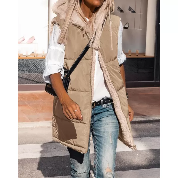 BTFBM Fall Long Puffer Vest Women Sleeveless Hooded Reversible Fleece Sherpa Jacket Zip Up Winter Coat Outerwear VestsSolid Light Camel