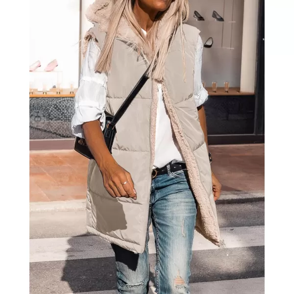 BTFBM Fall Long Puffer Vest Women Sleeveless Hooded Reversible Fleece Sherpa Jacket Zip Up Winter Coat Outerwear VestsSolid Light Khaki