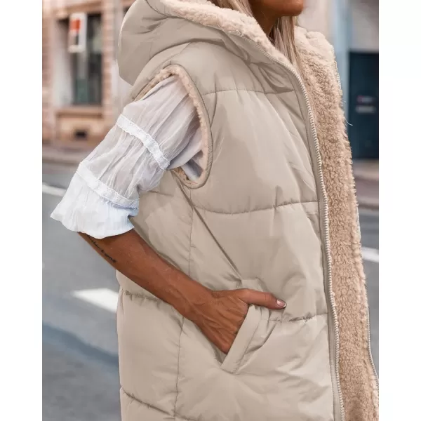 BTFBM Fall Long Puffer Vest Women Sleeveless Hooded Reversible Fleece Sherpa Jacket Zip Up Winter Coat Outerwear VestsSolid Light Khaki