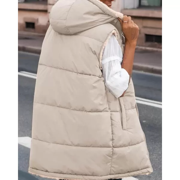 BTFBM Fall Long Puffer Vest Women Sleeveless Hooded Reversible Fleece Sherpa Jacket Zip Up Winter Coat Outerwear VestsSolid Light Khaki
