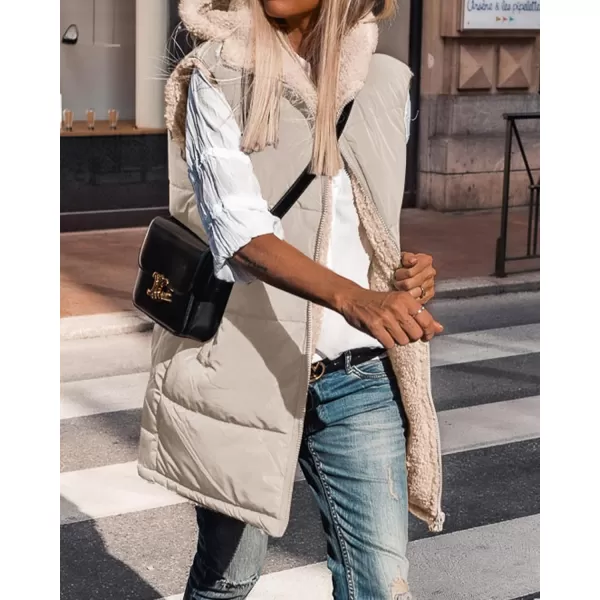 BTFBM Fall Long Puffer Vest Women Sleeveless Hooded Reversible Fleece Sherpa Jacket Zip Up Winter Coat Outerwear VestsSolid Light Khaki