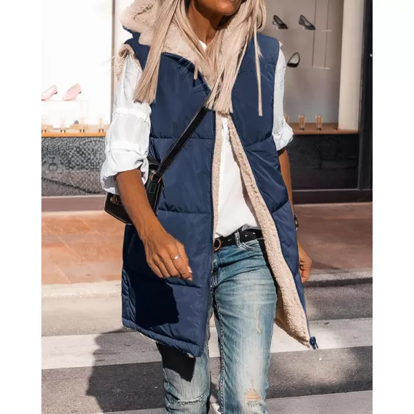 BTFBM Fall Long Puffer Vest Women Sleeveless Hooded Reversible Fleece Sherpa Jacket Zip Up Winter Coat Outerwear VestsSolid Navy