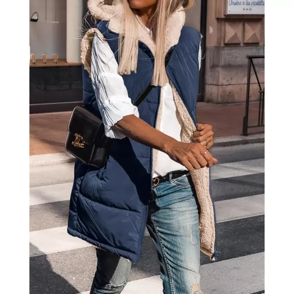 BTFBM Fall Long Puffer Vest Women Sleeveless Hooded Reversible Fleece Sherpa Jacket Zip Up Winter Coat Outerwear VestsSolid Navy