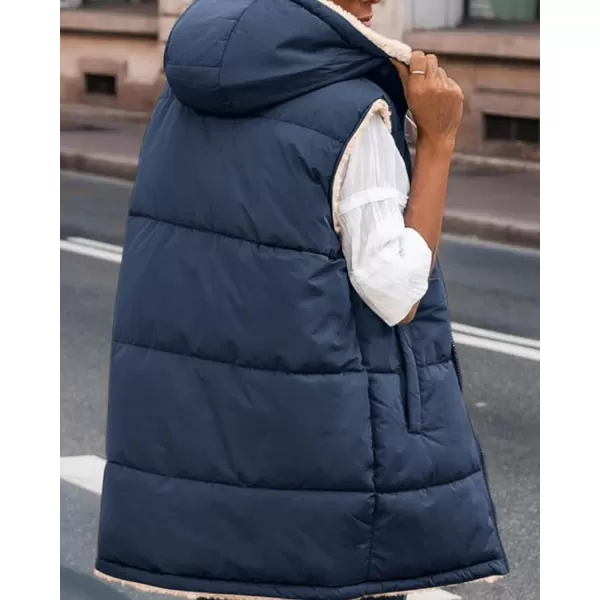BTFBM Fall Long Puffer Vest Women Sleeveless Hooded Reversible Fleece Sherpa Jacket Zip Up Winter Coat Outerwear VestsSolid Navy