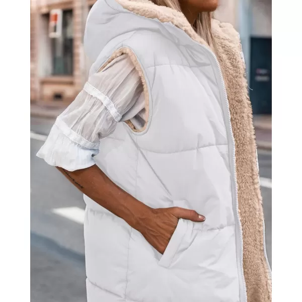 BTFBM Fall Long Puffer Vest Women Sleeveless Hooded Reversible Fleece Sherpa Jacket Zip Up Winter Coat Outerwear VestsSolid White