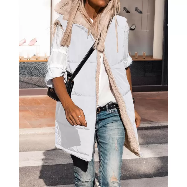 BTFBM Fall Long Puffer Vest Women Sleeveless Hooded Reversible Fleece Sherpa Jacket Zip Up Winter Coat Outerwear VestsSolid White