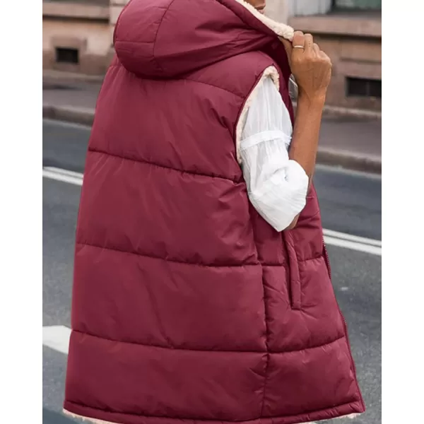 BTFBM Fall Long Puffer Vest Women Sleeveless Hooded Reversible Fleece Sherpa Jacket Zip Up Winter Coat Outerwear VestsSolid Wine Red