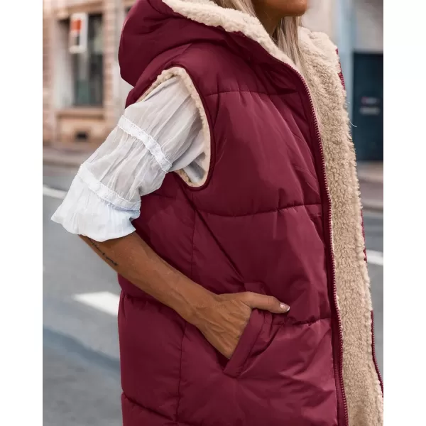 BTFBM Fall Long Puffer Vest Women Sleeveless Hooded Reversible Fleece Sherpa Jacket Zip Up Winter Coat Outerwear VestsSolid Wine Red