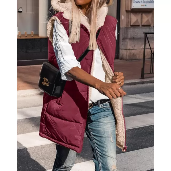BTFBM Fall Long Puffer Vest Women Sleeveless Hooded Reversible Fleece Sherpa Jacket Zip Up Winter Coat Outerwear VestsSolid Wine Red