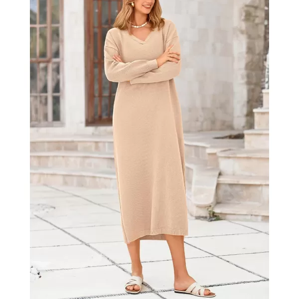 BTFBM Women Fall Sweater Dress V Neck Long Sleeve Slit Maxi Dresses Casual Knit Oversized Sweaters 2024 Winter ClothesSolid Beige