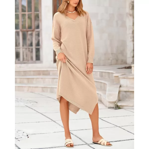 BTFBM Women Fall Sweater Dress V Neck Long Sleeve Slit Maxi Dresses Casual Knit Oversized Sweaters 2024 Winter ClothesSolid Beige