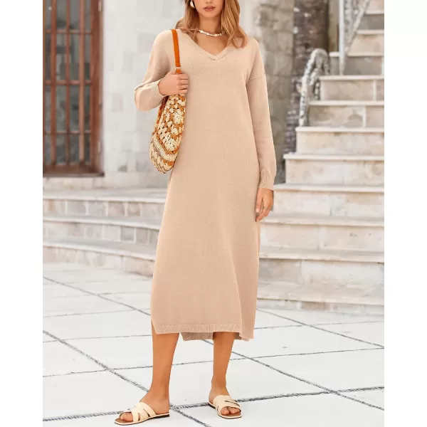 BTFBM Women Fall Sweater Dress V Neck Long Sleeve Slit Maxi Dresses Casual Knit Oversized Sweaters 2024 Winter ClothesSolid Beige