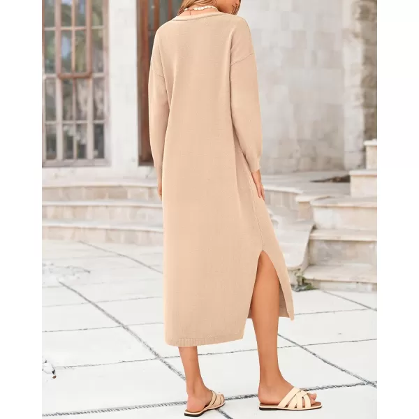 BTFBM Women Fall Sweater Dress V Neck Long Sleeve Slit Maxi Dresses Casual Knit Oversized Sweaters 2024 Winter ClothesSolid Beige