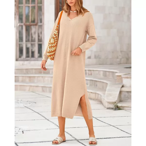 BTFBM Women Fall Sweater Dress V Neck Long Sleeve Slit Maxi Dresses Casual Knit Oversized Sweaters 2024 Winter ClothesSolid Beige