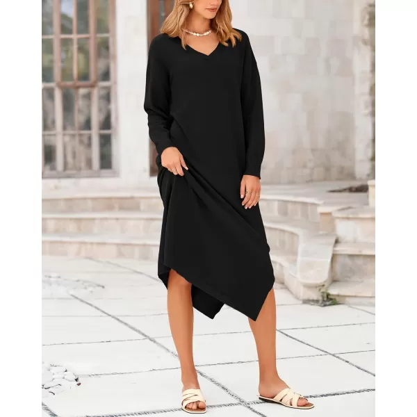 BTFBM Women Fall Sweater Dress V Neck Long Sleeve Slit Maxi Dresses Casual Knit Oversized Sweaters 2024 Winter ClothesSolid Black