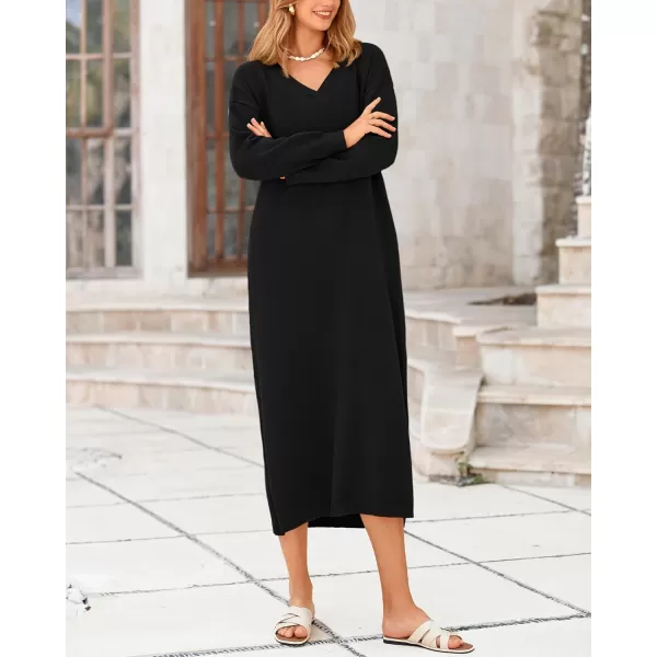 BTFBM Women Fall Sweater Dress V Neck Long Sleeve Slit Maxi Dresses Casual Knit Oversized Sweaters 2024 Winter ClothesSolid Black
