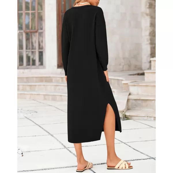 BTFBM Women Fall Sweater Dress V Neck Long Sleeve Slit Maxi Dresses Casual Knit Oversized Sweaters 2024 Winter ClothesSolid Black