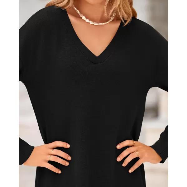 BTFBM Women Fall Sweater Dress V Neck Long Sleeve Slit Maxi Dresses Casual Knit Oversized Sweaters 2024 Winter ClothesSolid Black
