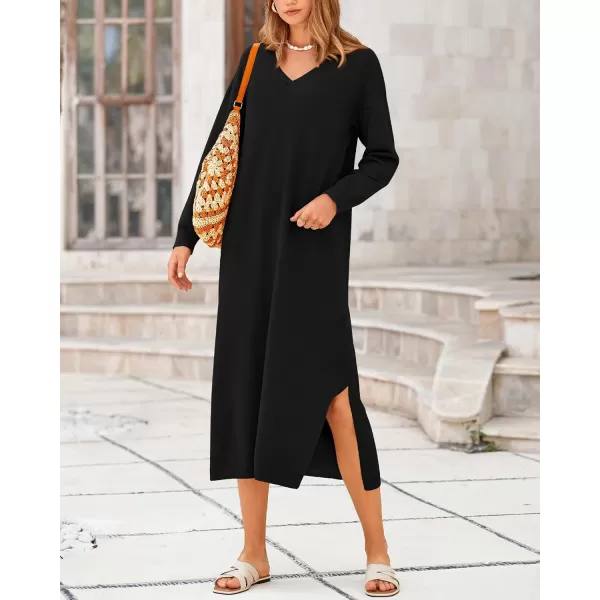 BTFBM Women Fall Sweater Dress V Neck Long Sleeve Slit Maxi Dresses Casual Knit Oversized Sweaters 2024 Winter ClothesSolid Black