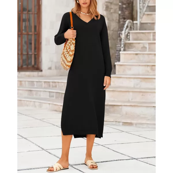 BTFBM Women Fall Sweater Dress V Neck Long Sleeve Slit Maxi Dresses Casual Knit Oversized Sweaters 2024 Winter ClothesSolid Black