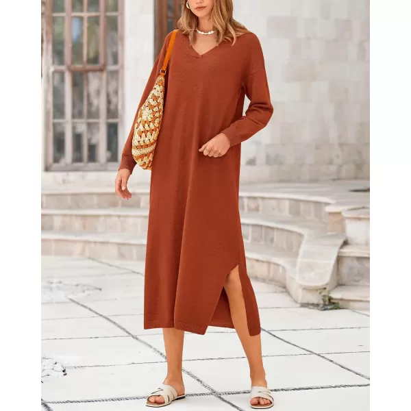 BTFBM Women Fall Sweater Dress V Neck Long Sleeve Slit Maxi Dresses Casual Knit Oversized Sweaters 2024 Winter ClothesSolid Caramel