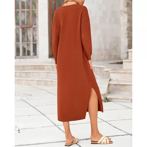 BTFBM Women Fall Sweater Dress V Neck Long Sleeve Slit Maxi Dresses Casual Knit Oversized Sweaters 2024 Winter ClothesSolid Caramel
