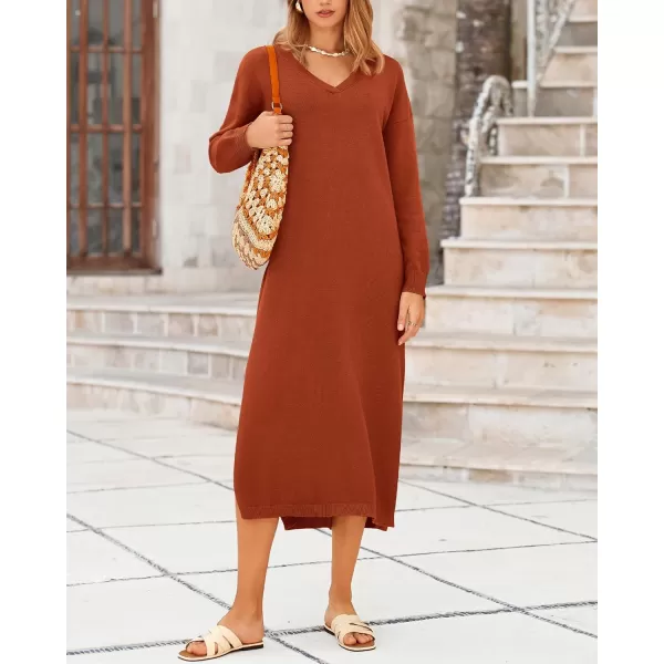 BTFBM Women Fall Sweater Dress V Neck Long Sleeve Slit Maxi Dresses Casual Knit Oversized Sweaters 2024 Winter ClothesSolid Caramel
