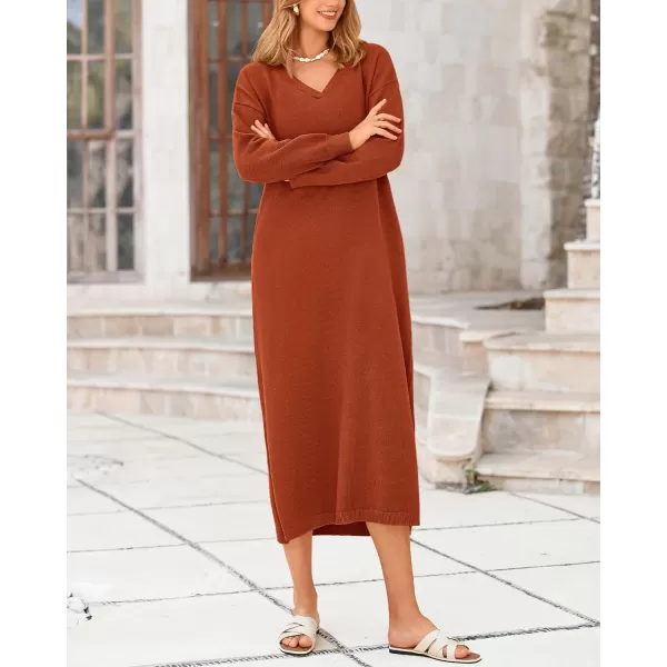 BTFBM Women Fall Sweater Dress V Neck Long Sleeve Slit Maxi Dresses Casual Knit Oversized Sweaters 2024 Winter ClothesSolid Caramel