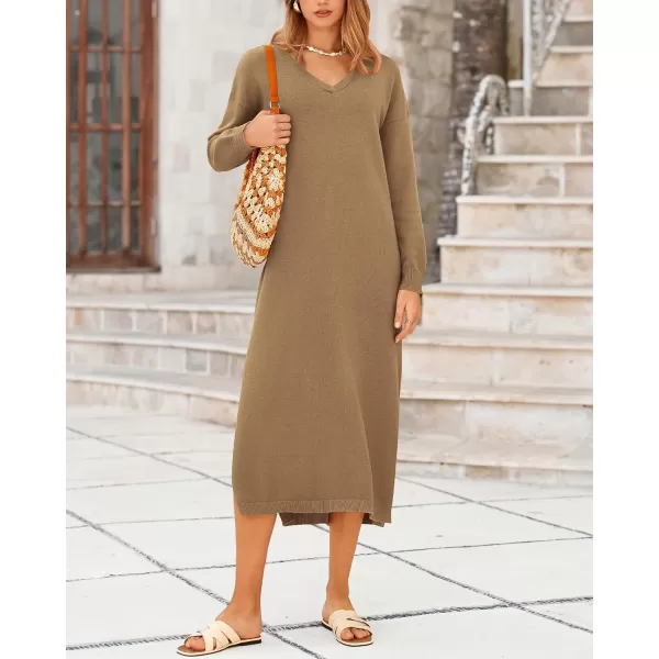 BTFBM Women Fall Sweater Dress V Neck Long Sleeve Slit Maxi Dresses Casual Knit Oversized Sweaters 2024 Winter ClothesSolid Dark Khaki