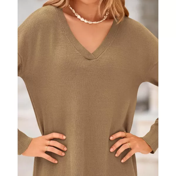 BTFBM Women Fall Sweater Dress V Neck Long Sleeve Slit Maxi Dresses Casual Knit Oversized Sweaters 2024 Winter ClothesSolid Dark Khaki