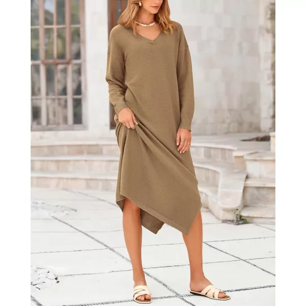BTFBM Women Fall Sweater Dress V Neck Long Sleeve Slit Maxi Dresses Casual Knit Oversized Sweaters 2024 Winter ClothesSolid Dark Khaki