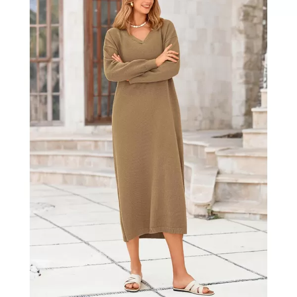 BTFBM Women Fall Sweater Dress V Neck Long Sleeve Slit Maxi Dresses Casual Knit Oversized Sweaters 2024 Winter ClothesSolid Dark Khaki