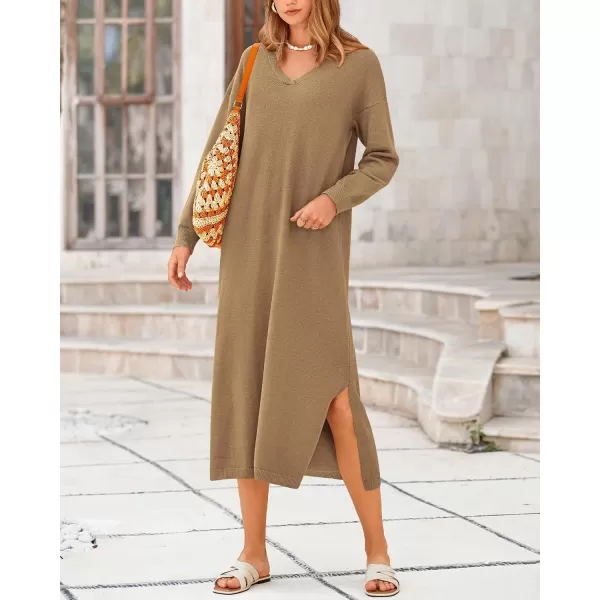 BTFBM Women Fall Sweater Dress V Neck Long Sleeve Slit Maxi Dresses Casual Knit Oversized Sweaters 2024 Winter ClothesSolid Dark Khaki