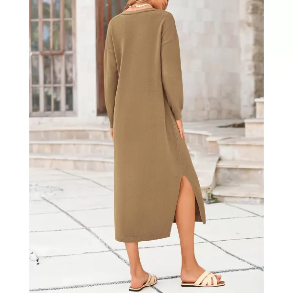 BTFBM Women Fall Sweater Dress V Neck Long Sleeve Slit Maxi Dresses Casual Knit Oversized Sweaters 2024 Winter ClothesSolid Dark Khaki