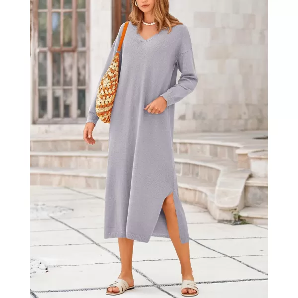 BTFBM Women Fall Sweater Dress V Neck Long Sleeve Slit Maxi Dresses Casual Knit Oversized Sweaters 2024 Winter ClothesSolid Grey