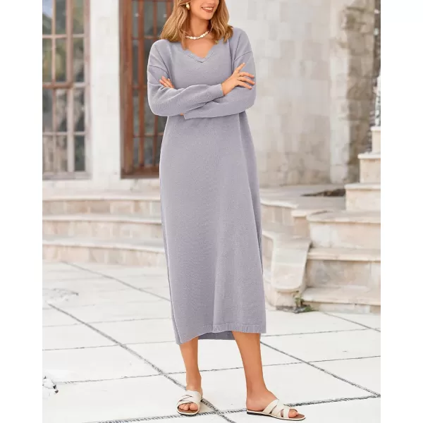 BTFBM Women Fall Sweater Dress V Neck Long Sleeve Slit Maxi Dresses Casual Knit Oversized Sweaters 2024 Winter ClothesSolid Grey