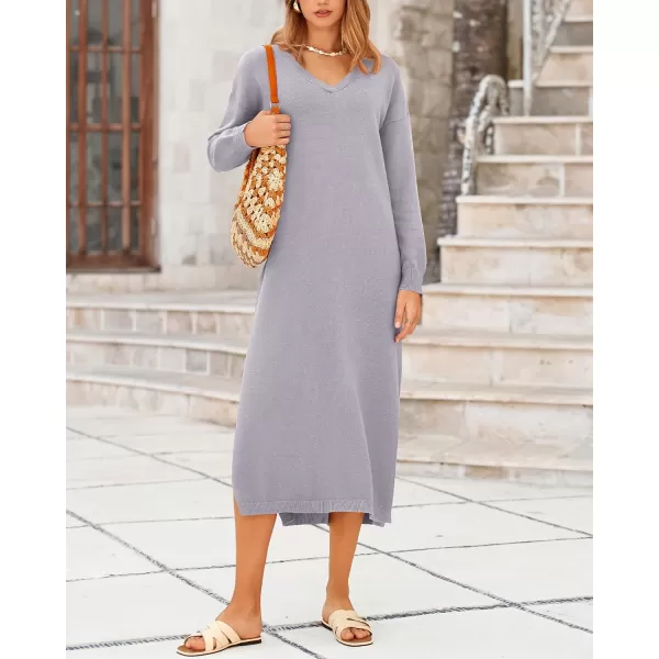 BTFBM Women Fall Sweater Dress V Neck Long Sleeve Slit Maxi Dresses Casual Knit Oversized Sweaters 2024 Winter ClothesSolid Grey