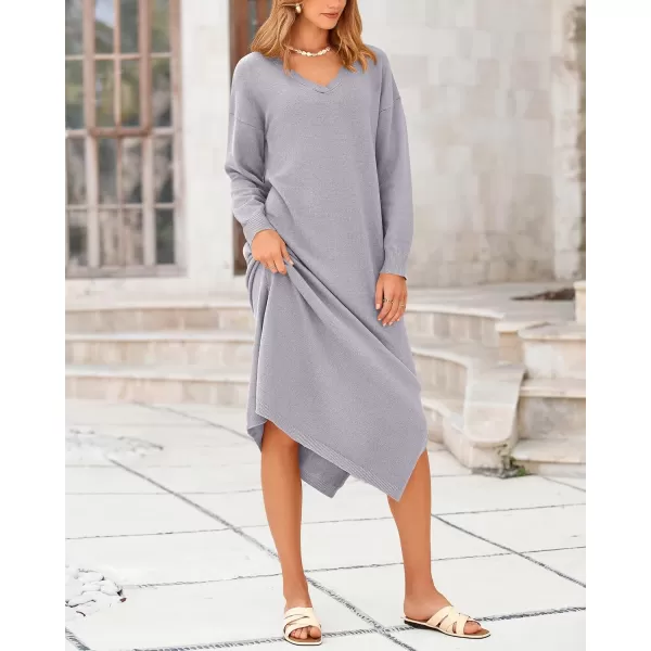 BTFBM Women Fall Sweater Dress V Neck Long Sleeve Slit Maxi Dresses Casual Knit Oversized Sweaters 2024 Winter ClothesSolid Grey