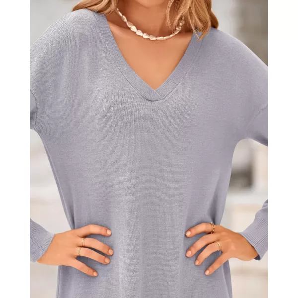 BTFBM Women Fall Sweater Dress V Neck Long Sleeve Slit Maxi Dresses Casual Knit Oversized Sweaters 2024 Winter ClothesSolid Grey