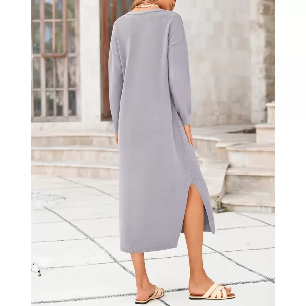 BTFBM Women Fall Sweater Dress V Neck Long Sleeve Slit Maxi Dresses Casual Knit Oversized Sweaters 2024 Winter ClothesSolid Grey