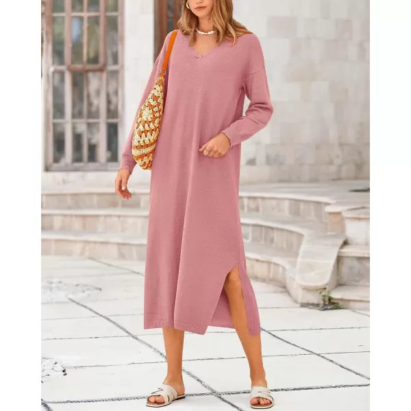 BTFBM Women Fall Sweater Dress V Neck Long Sleeve Slit Maxi Dresses Casual Knit Oversized Sweaters 2024 Winter ClothesSolid Pink
