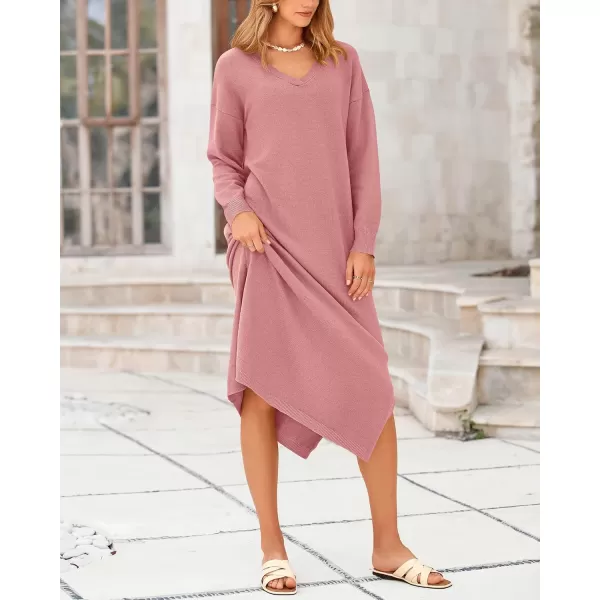BTFBM Women Fall Sweater Dress V Neck Long Sleeve Slit Maxi Dresses Casual Knit Oversized Sweaters 2024 Winter ClothesSolid Pink