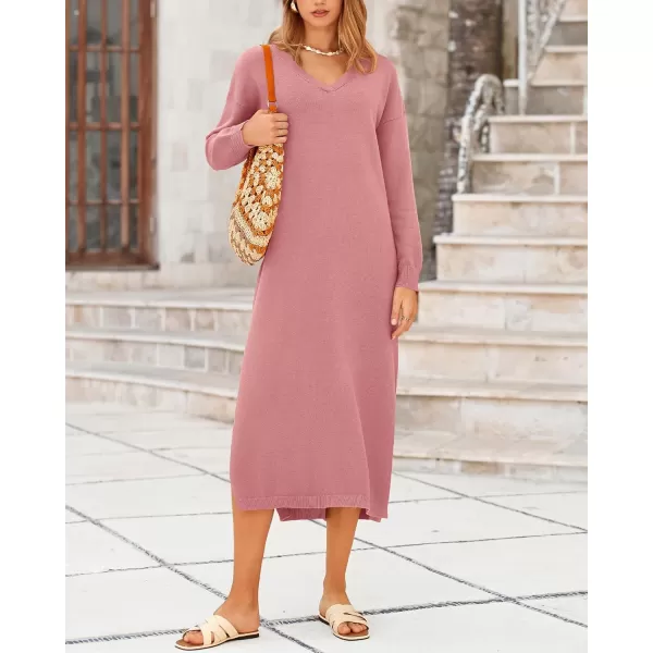 BTFBM Women Fall Sweater Dress V Neck Long Sleeve Slit Maxi Dresses Casual Knit Oversized Sweaters 2024 Winter ClothesSolid Pink
