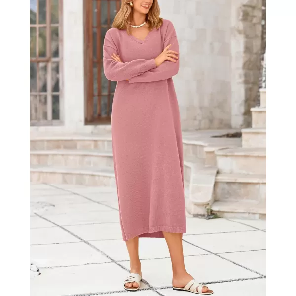 BTFBM Women Fall Sweater Dress V Neck Long Sleeve Slit Maxi Dresses Casual Knit Oversized Sweaters 2024 Winter ClothesSolid Pink