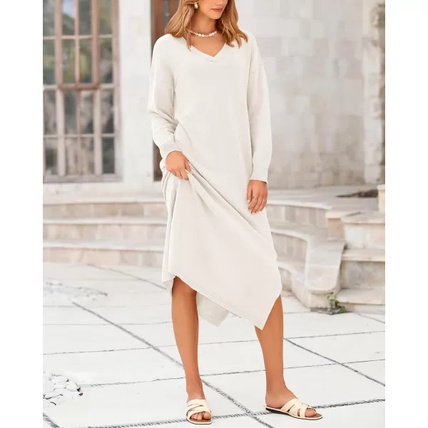 BTFBM Women Fall Sweater Dress V Neck Long Sleeve Slit Maxi Dresses Casual Knit Oversized Sweaters 2024 Winter ClothesSolid White