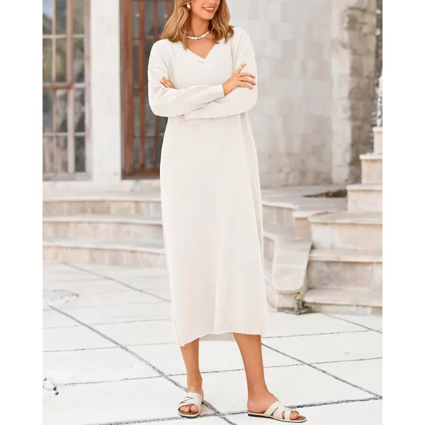 BTFBM Women Fall Sweater Dress V Neck Long Sleeve Slit Maxi Dresses Casual Knit Oversized Sweaters 2024 Winter ClothesSolid White
