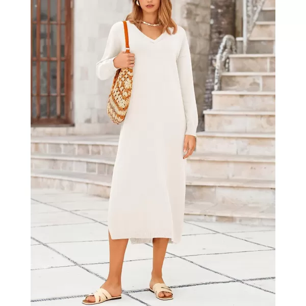 BTFBM Women Fall Sweater Dress V Neck Long Sleeve Slit Maxi Dresses Casual Knit Oversized Sweaters 2024 Winter ClothesSolid White